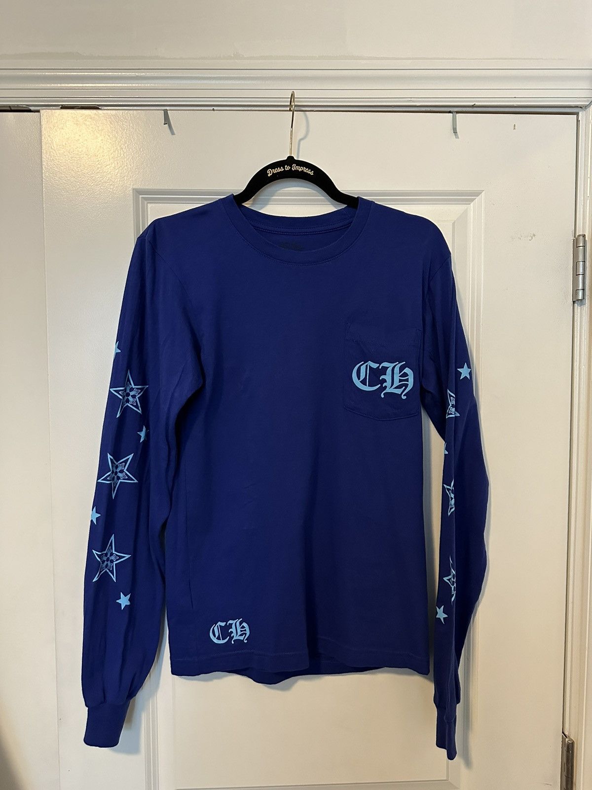 image of Chrome Hearts Long Sleeve Blue Star T Shirt, Men's (Size Small)