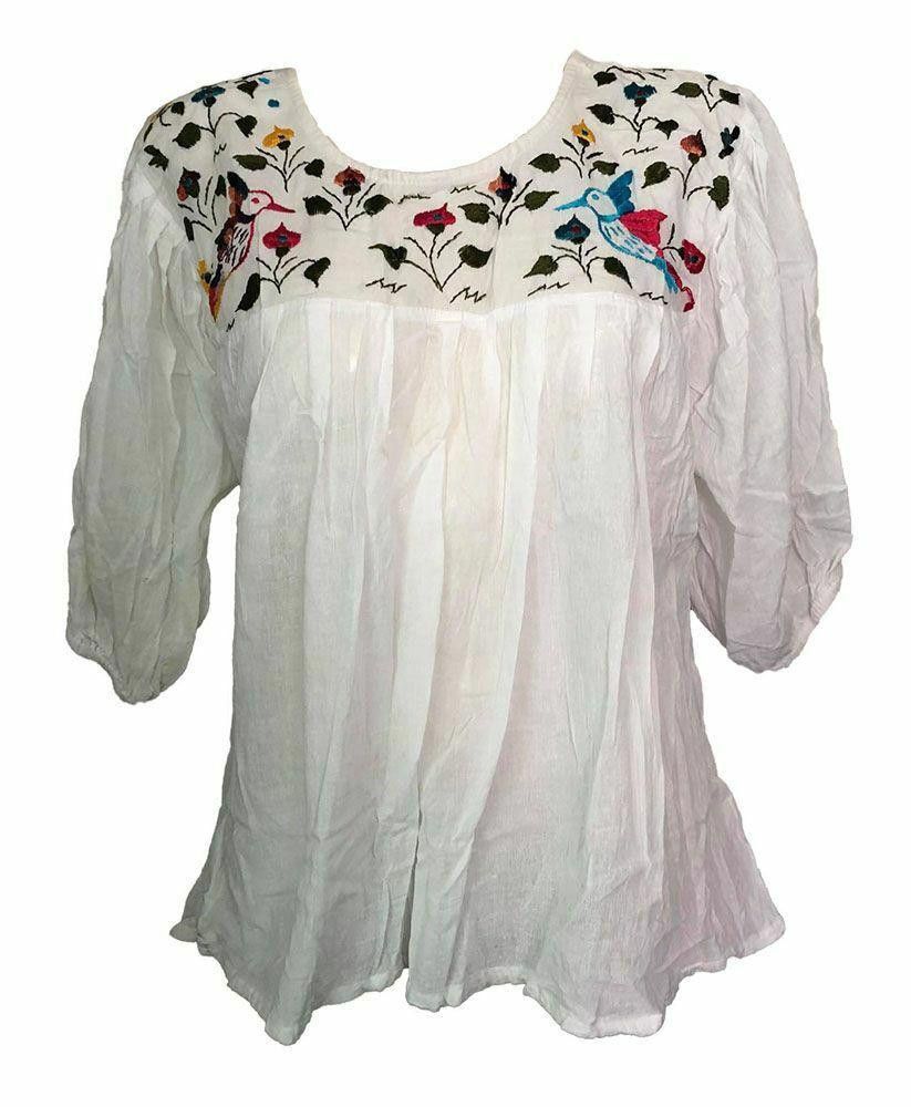 Designer New White Hand Made Embroidered Bird Floral Blouse L Size L / US 10 / IT 46 - 1 Thumbnail