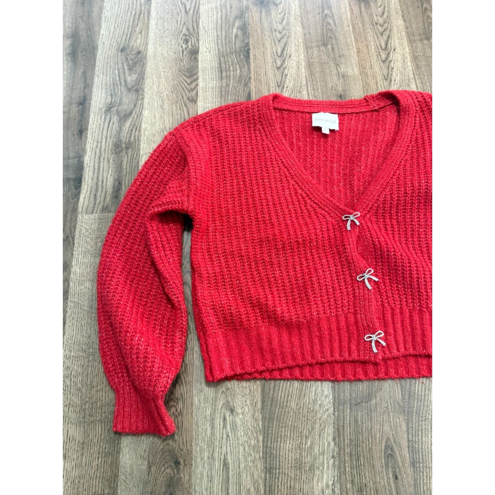 Vintage Pink Rose Sweater Cardigan Women's Medium Red Button Up Long Sleeve Size M / US 6-8 / IT 42-44 - 3 Thumbnail