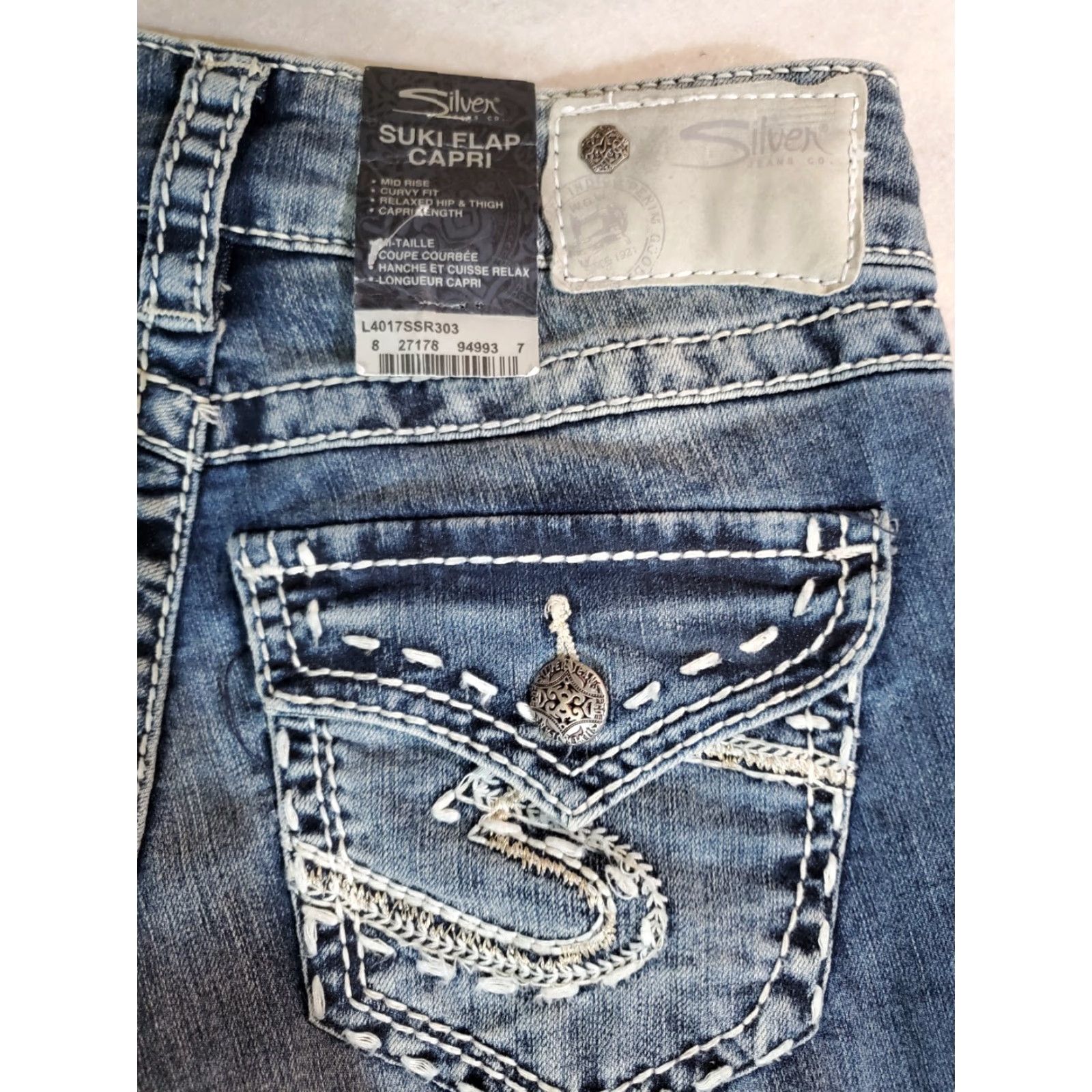 Vintage NWT Silver Signature Capri Jeans -Suki Flap Capri- Distressed Women's Size 25 Jeans Capri Blue 25 Size 42" / US 20 - 7 Thumbnail