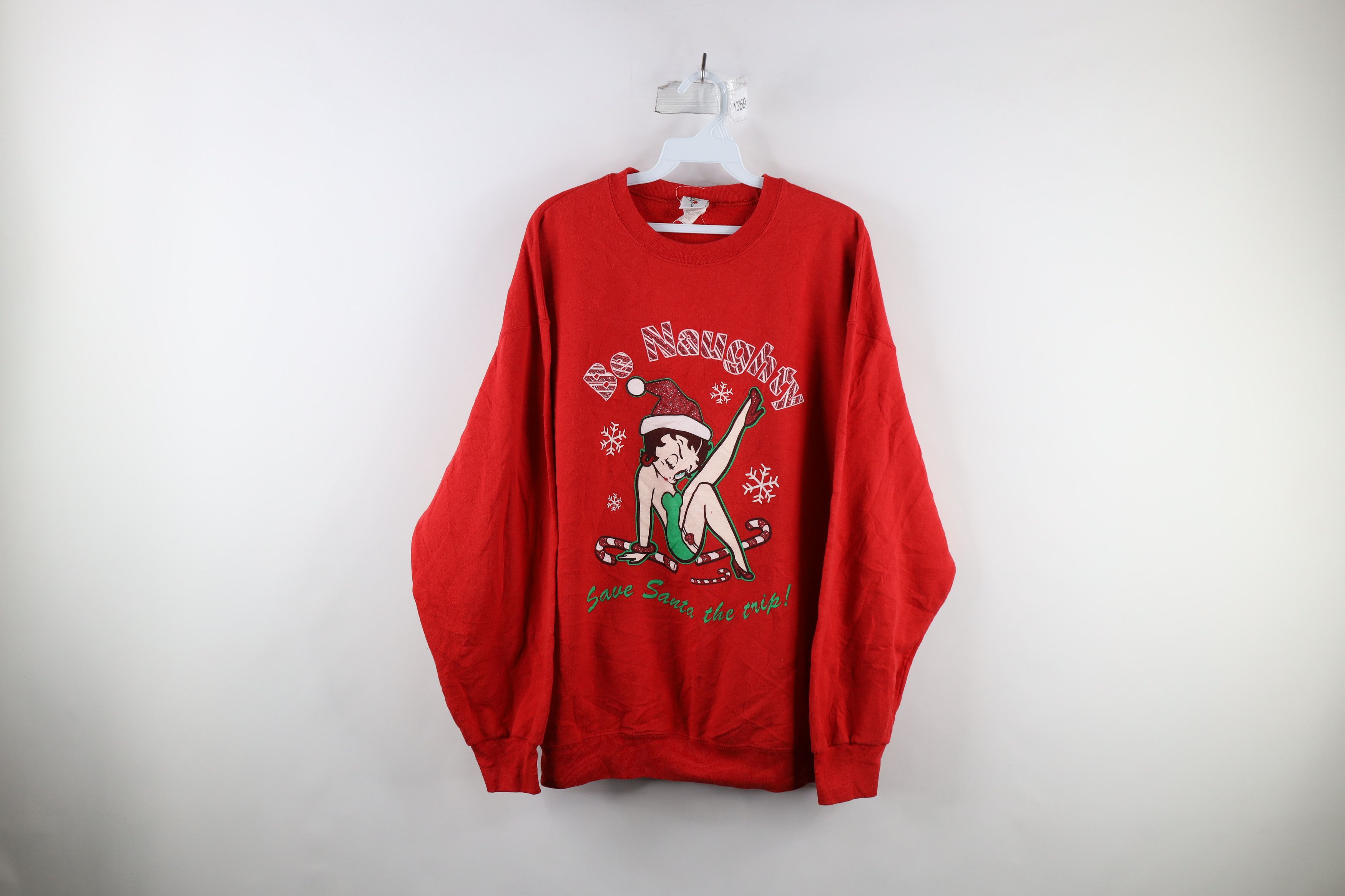 image of Vintage Y2K 2004 Betty Boop Christmas Be Naughty Sweatshirt in Red, Women's (Size XL)