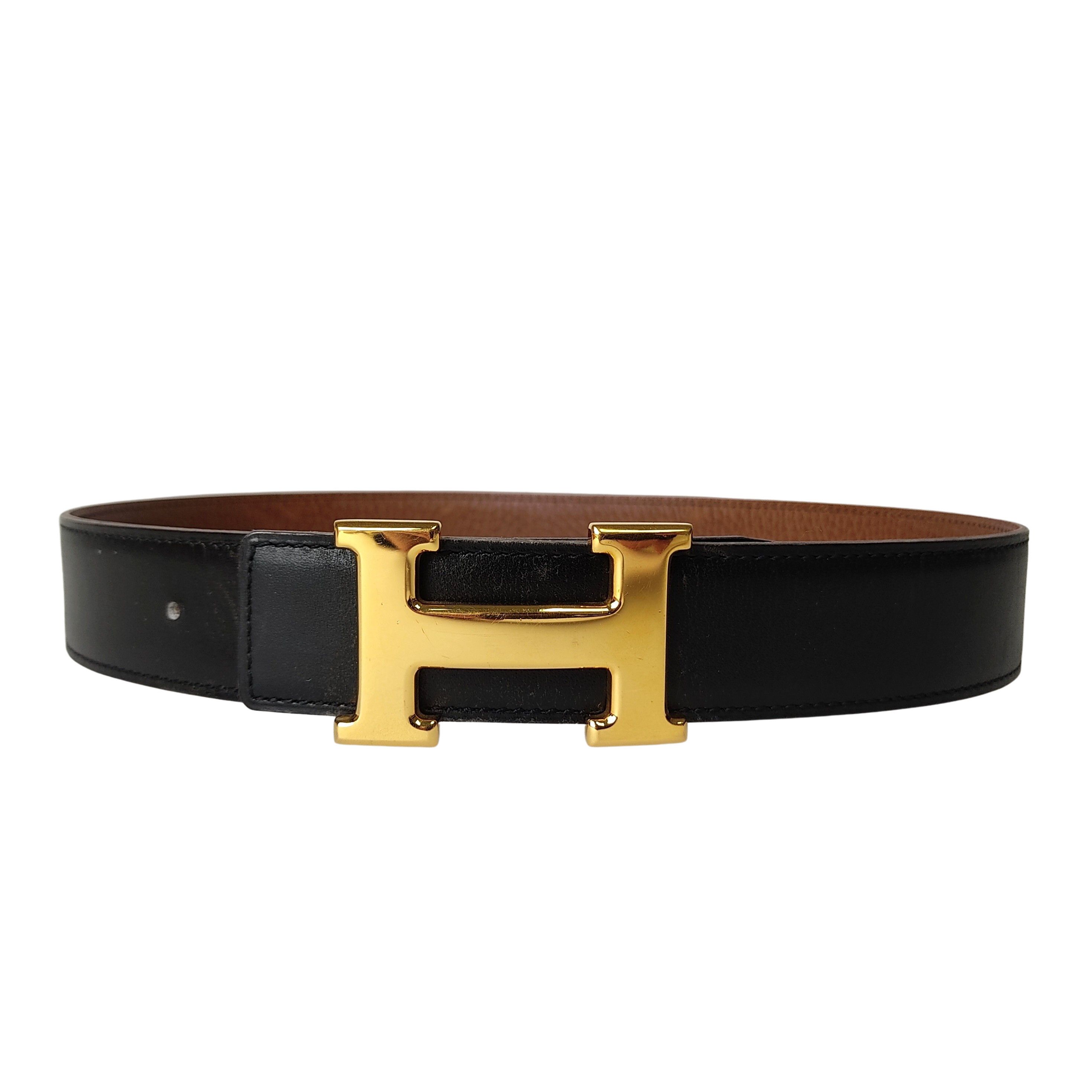 image of Hermes Belt Constance In Two-Tone Leather 80 Cm in Black, Women's