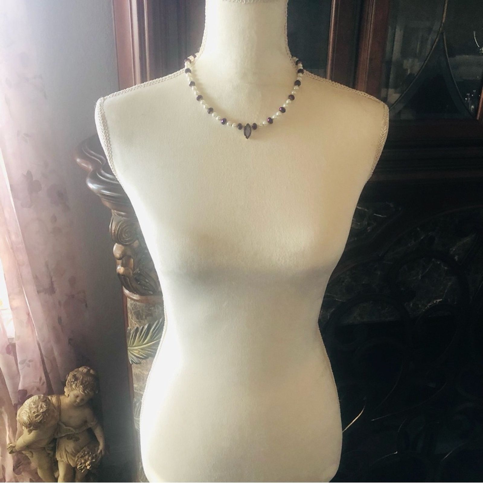 Handmade Handcrafted repurpose marquis purple stone Pearl necklace Size ONE SIZE - 6 Thumbnail