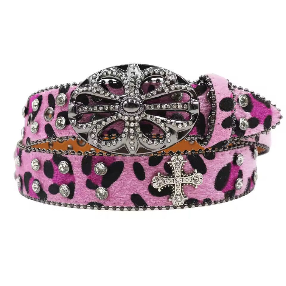 105 cm BlingLeopard Print Rhinestone PU Leather Belt Y2K