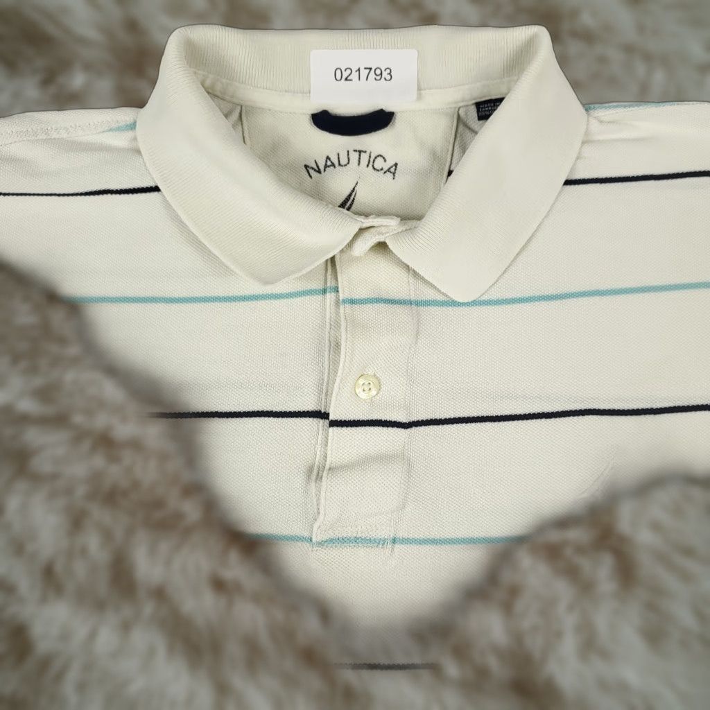 Nautica Nautica Polo Shirt Mens Large Ivory/White Striped Short Sleeve Casual Button-Front Polo Shirt, Regular Fit, Navy/White? Size US L / EU 52-54 / 3 - 1 Thumbnail
