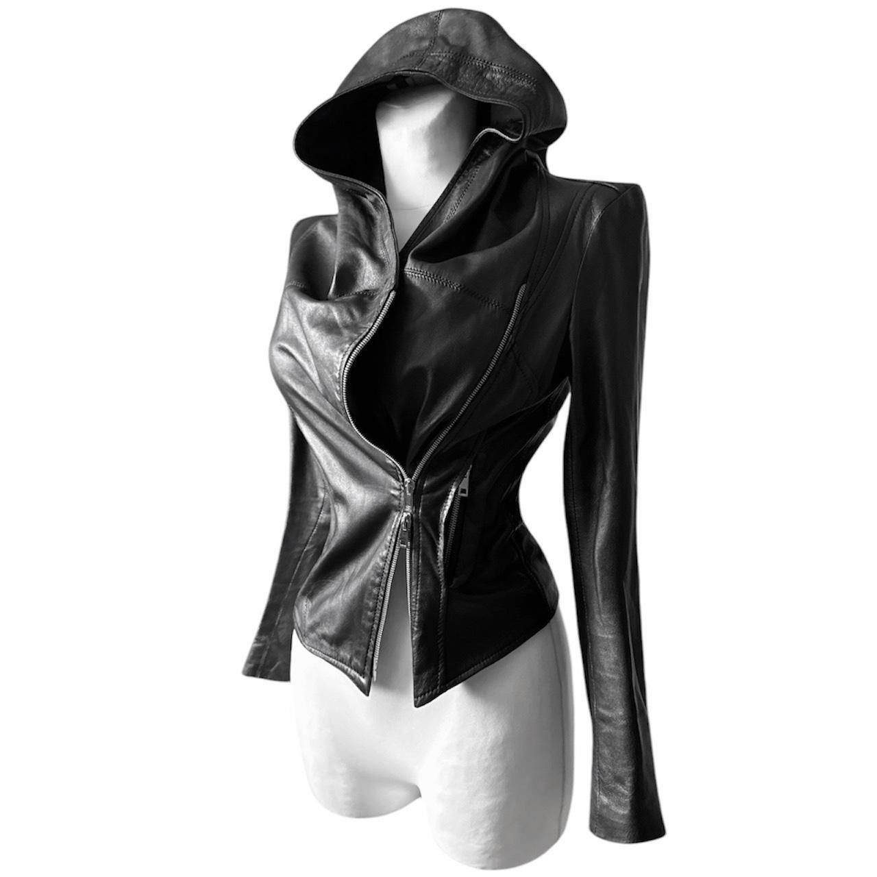 Vintage itted leather biker draped avant garde jacket with hood Size S / US 4 / IT 40 - 1 Thumbnail