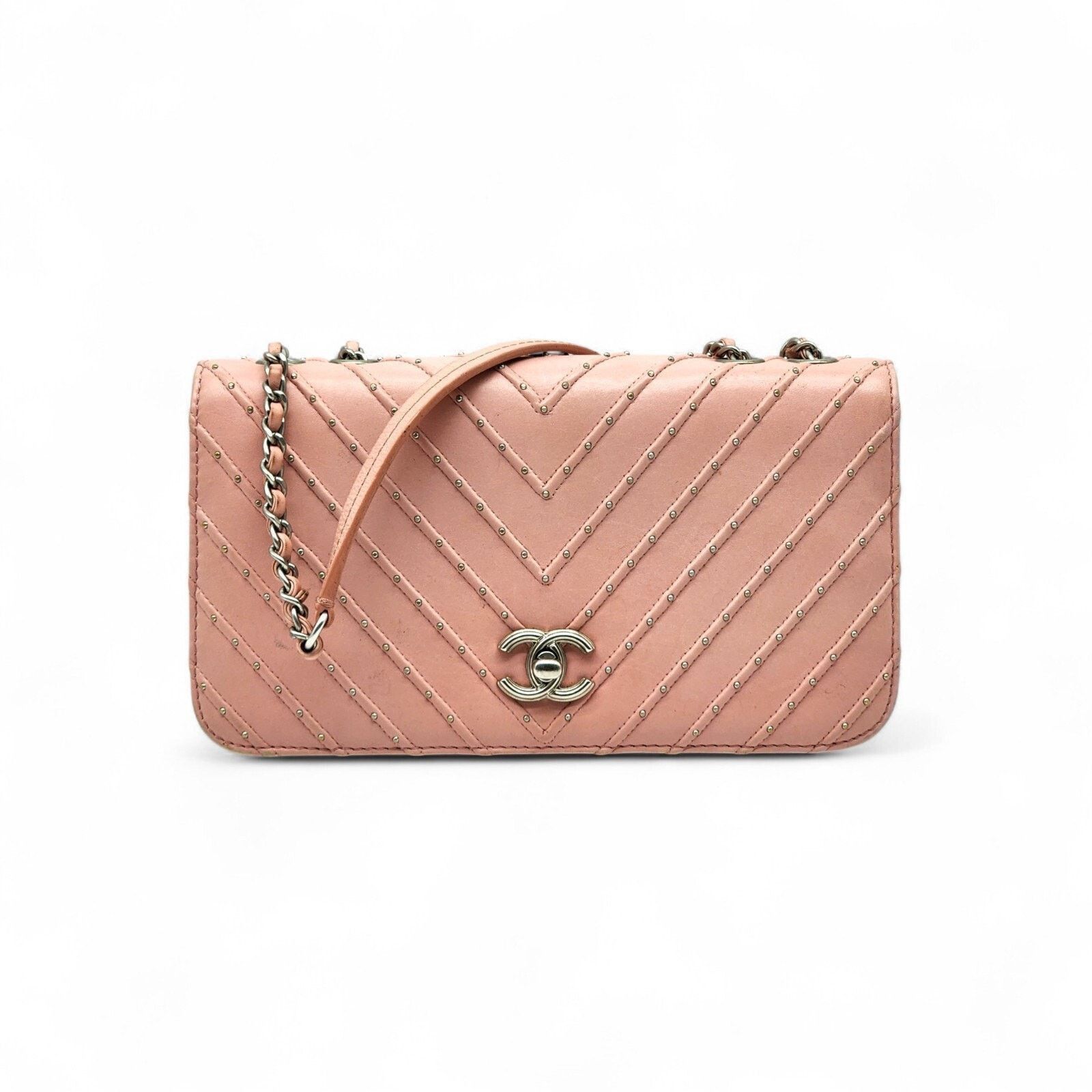 Chanel CC Clasp Medium Calf Leather Flap Bag Studded Chevron Pink Size ONE SIZE - 12 Thumbnail
