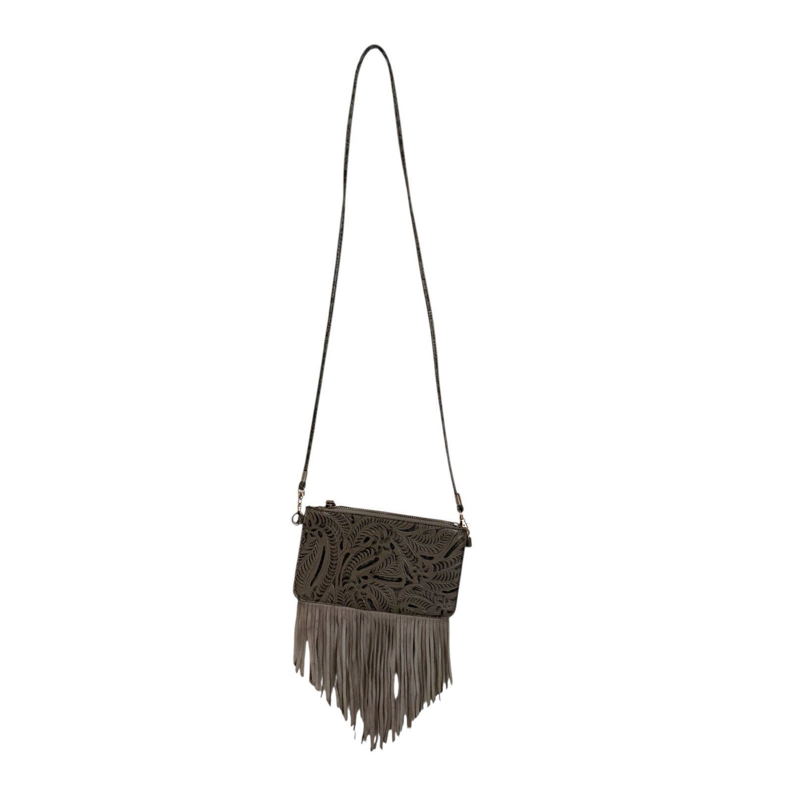 Free People Free People Gray Fringe Crossbody Bag Embossed Leaf Design Size ONE SIZE - 3 Thumbnail