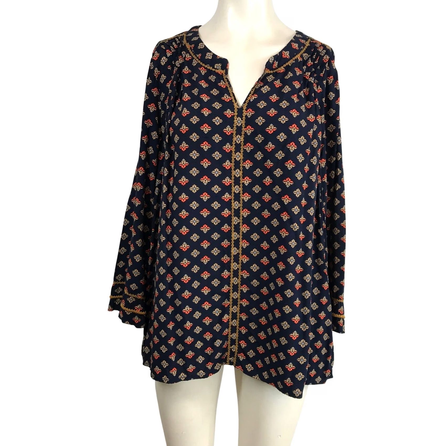 Vintage VINTAGE? No — J Jill Navy Blue Geometric Print Tunic Blouse Women Size L Long Sleeve V Neck Size L / US 10 / IT 46 - 2 Thumbnail