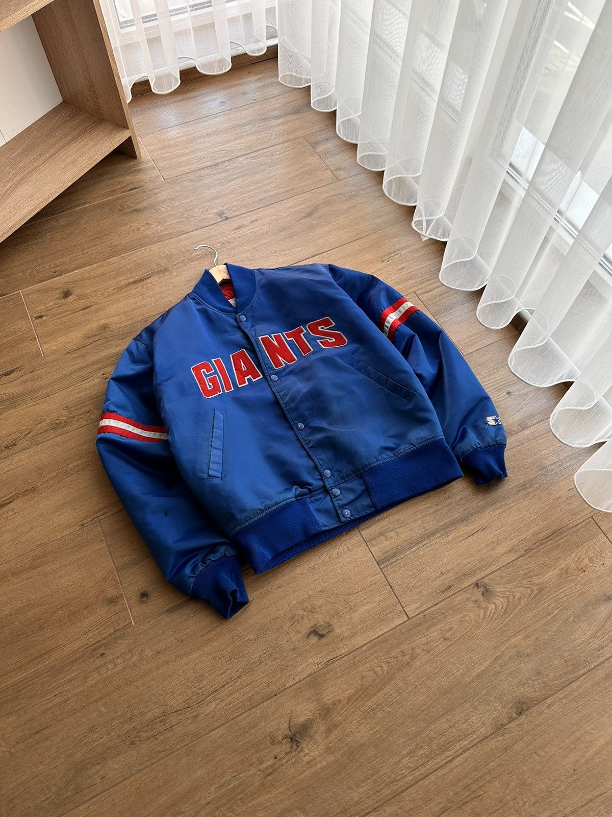 image of Vintage Ny Giants Nfl Pro Line By Starter Bomber Jacket in Blue, Men's (Size Small)