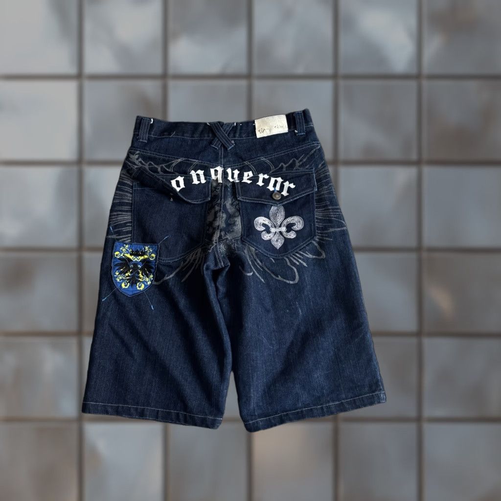 Denime VINTAGE Raw Blue Embroidered Baggy Denim Blue Jorts Jean Shorts Men’s 32 90s Cargo Denim Blue Embroidered Mens Size US 32 / EU 48 - 1 Thumbnail