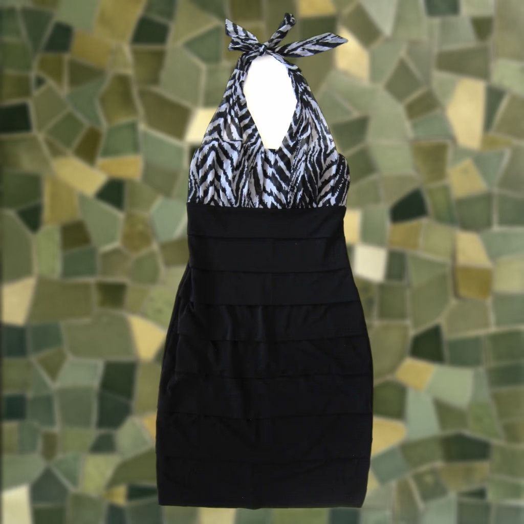 Vintage En Focus Studio Stretch Black Zebra Print Ruffle Bodycon Halter Dress 4 Size L / US 10 / IT 46 - 1 Thumbnail
