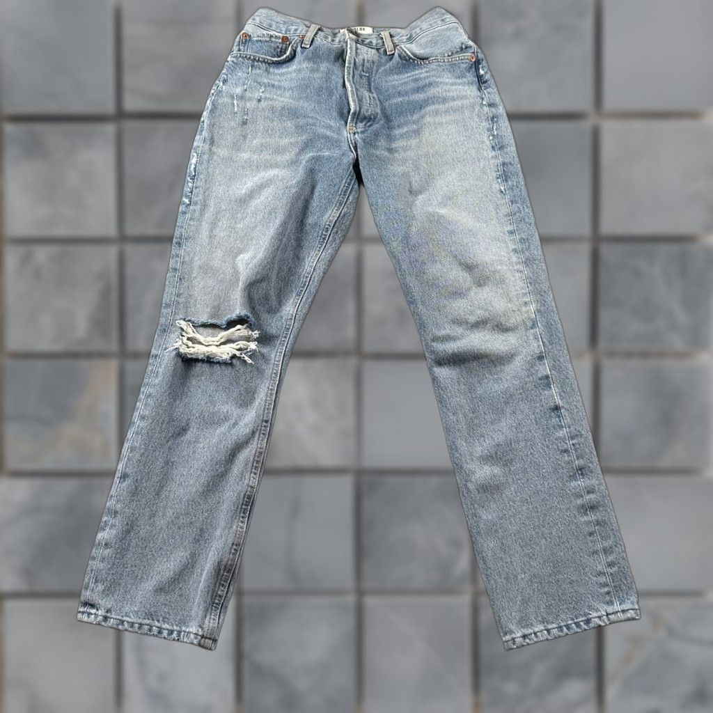 Agolde AGOLDE Jeans Womens Riley 25 Distressed Straight Leg Light Wash Button Fly Size 42" / US 20 - 1 Thumbnail