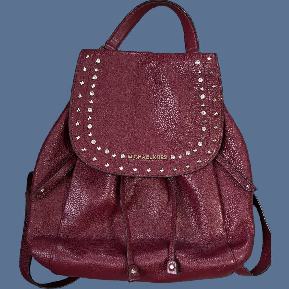 Vintage Michael Kors Mulberry Pebbled Leather Crystal Studded Drawstring Backpack EUC Women Bag Medium Burgundy Leather Size ONE SIZE - 1 Thumbnail