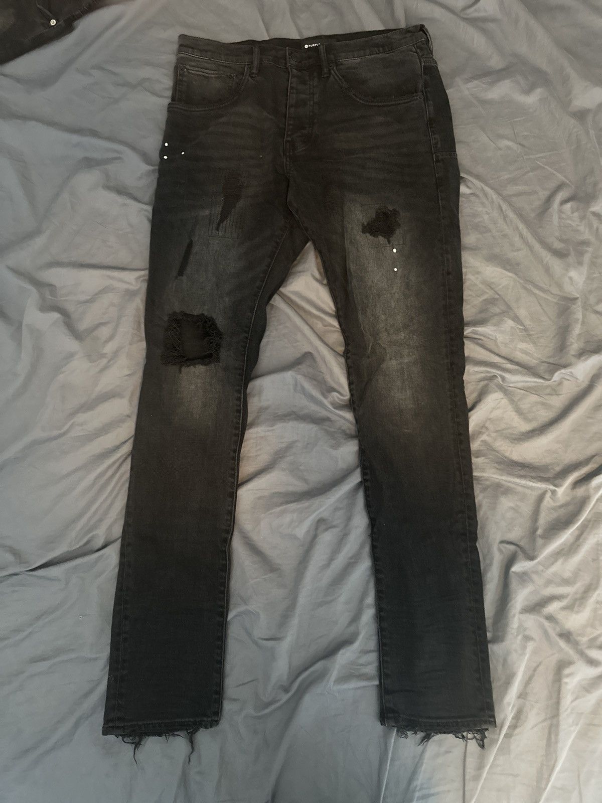image of Purple Brand Black Dropped-Fit Distressed Resin Jeans, Men's (Size 32)