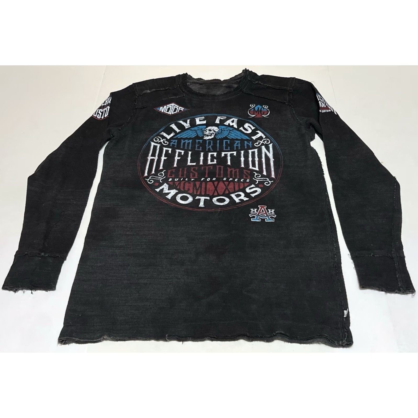 VINTAGE Affliction Shirt Mens L Black Thermal Long Sleeve Reversible Distressed Y2K Graphic Print Skull Grunge Emo Goth T-Shirt Crew Neck