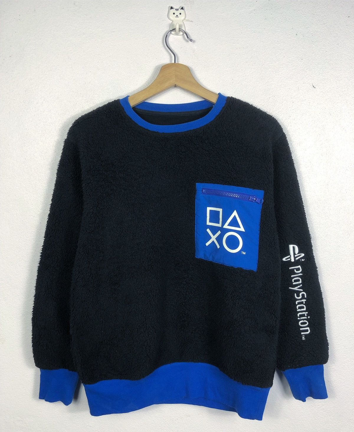 image of Gu x Playstation Play Station Embroidery Fleece Sweatshirt in Black/Blue, Men's (Size Small)