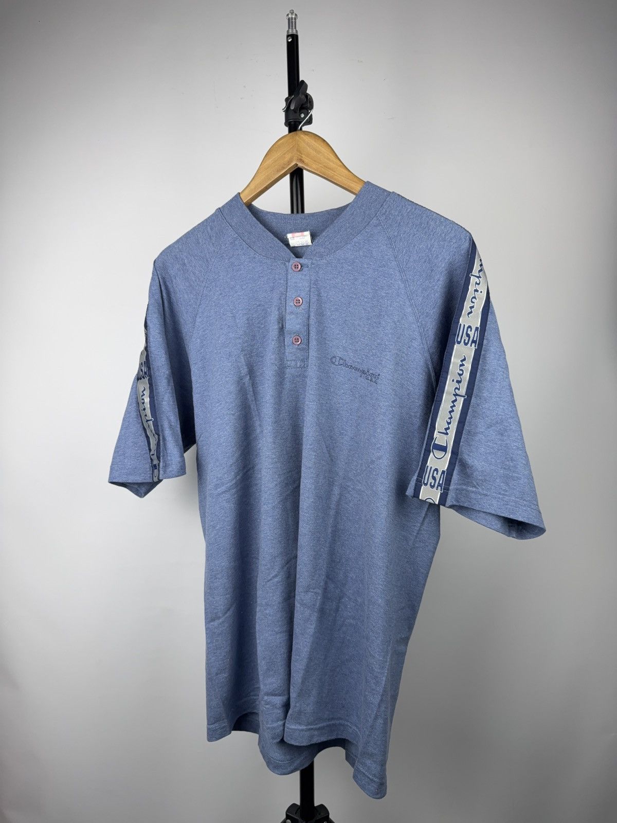 Champion 90s Vintage Champion USA Tape Sleeve Henley T-Shirt Blue Size US L / EU 52-54 / 3 - 2 Thumbnail