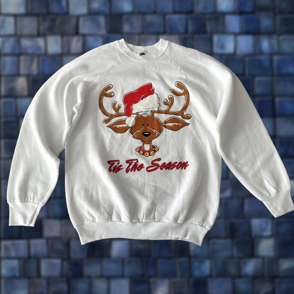 Fruit Of The Loom VINTAGE 90s Christmas Sweater Shirt Womens L White Reindeer Holiday Knit Pullover Nike? Size L / US 10 / IT 46 - 1 Thumbnail