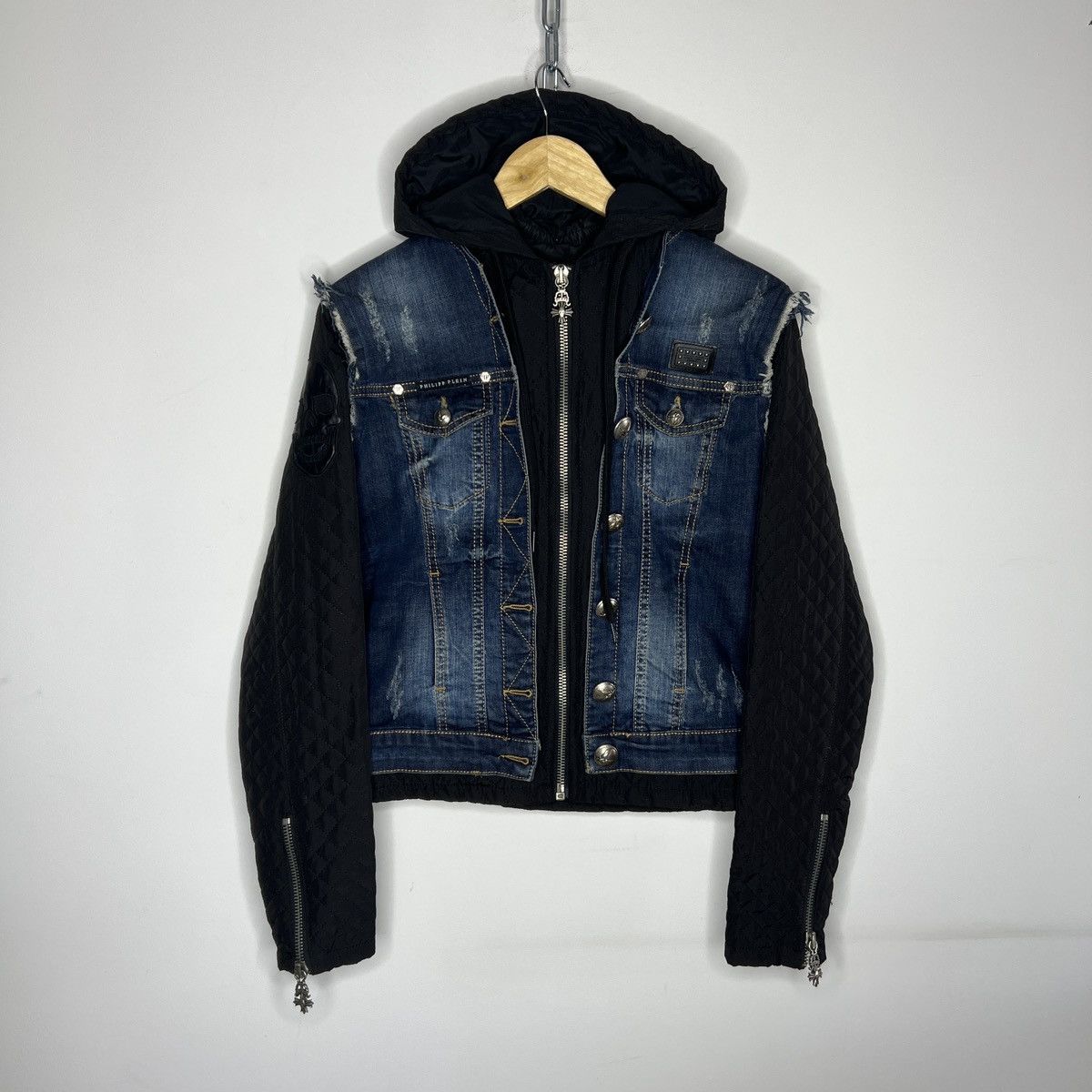 Designer × Philipp Plein Philipp Plein Denim Blue Black Quilted Zip Jacket Y2K RARE Size L / US 10 / IT 46 - 1 Thumbnail