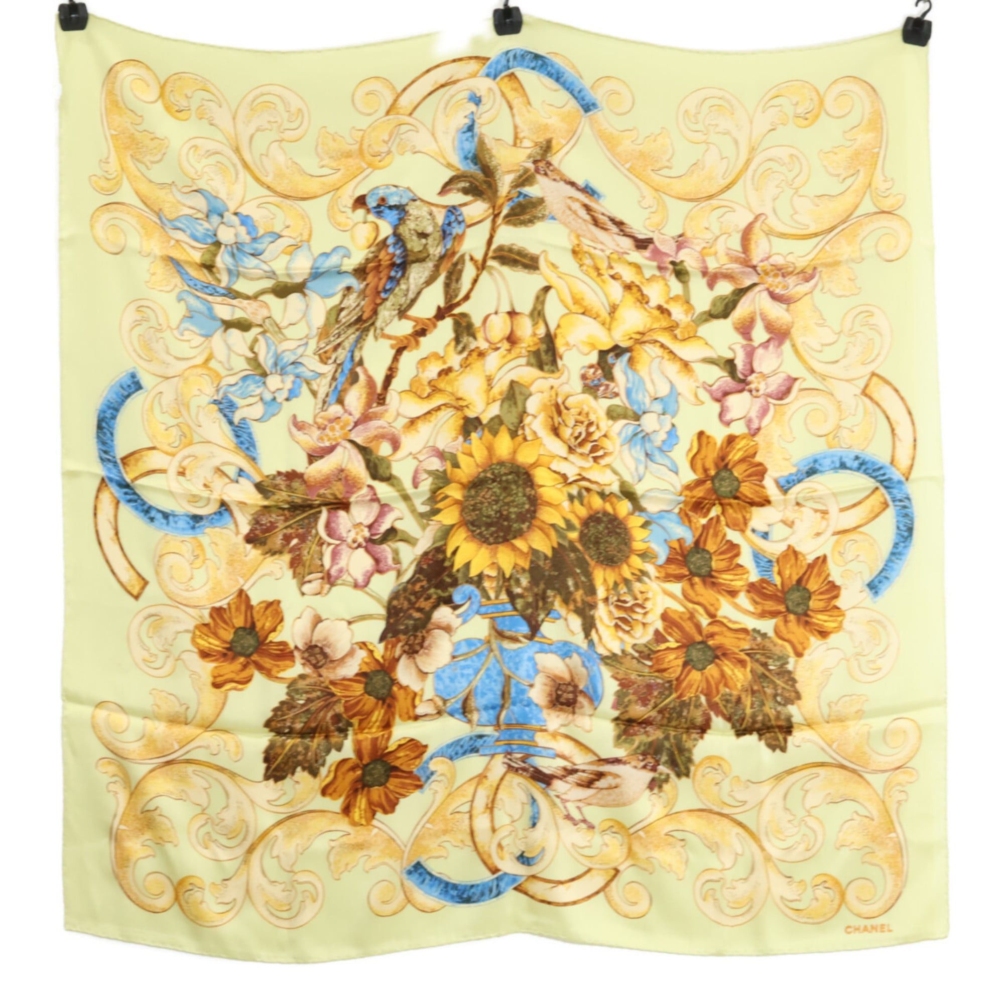 CHANEL Sunflower Silk Scarf Light Green and Yellow Women's