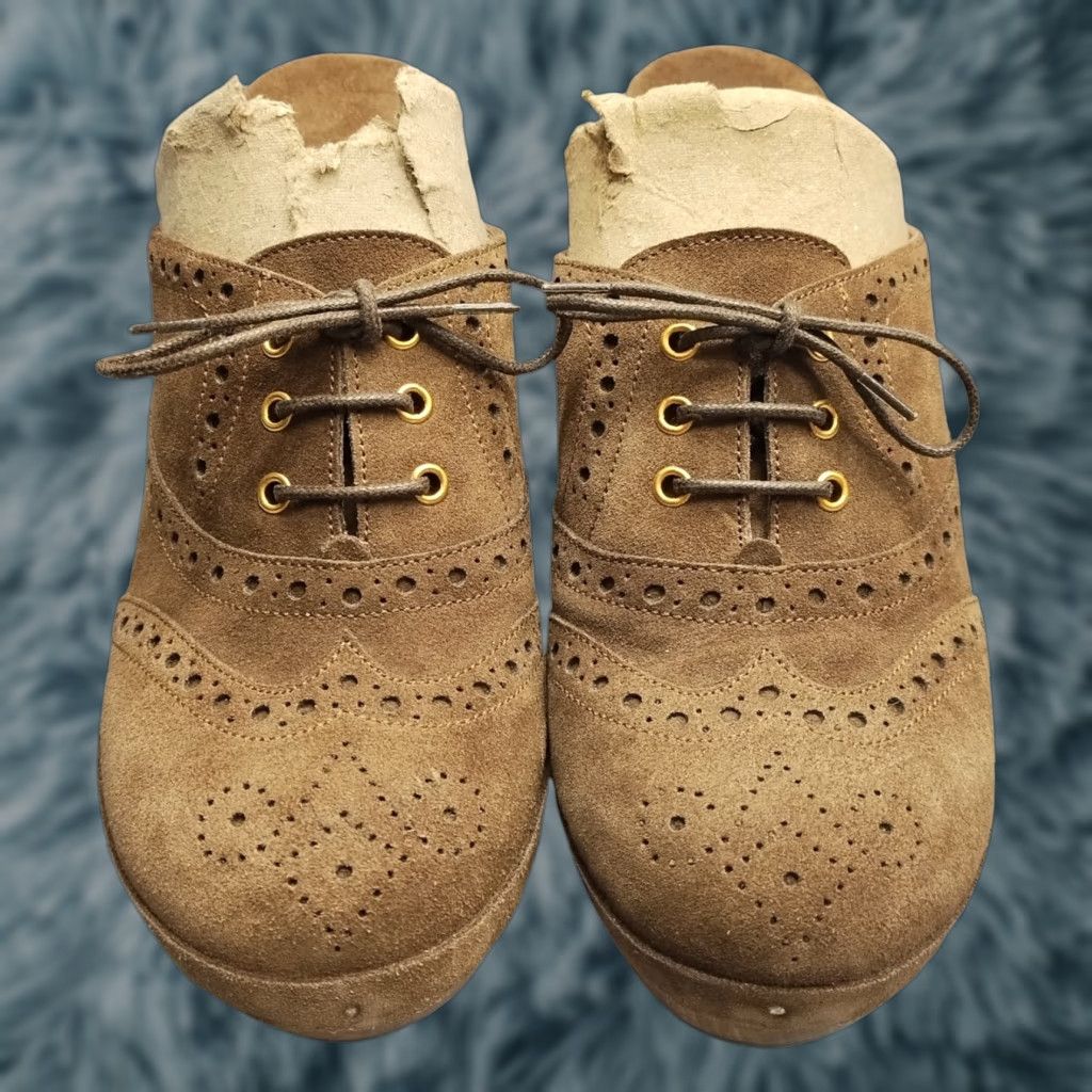 Vintage L'Autre Chose Oxford Wood Mules Womens Size 7 Brown Comfort Wedge Heel Lace Up Shoes Size US 7 / IT 37 - 1 Thumbnail