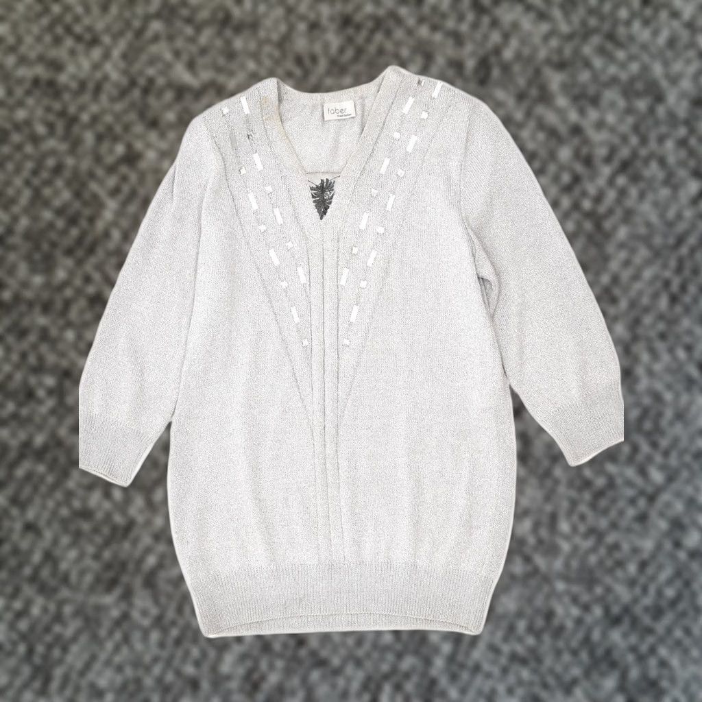 Vintage FABER Jumper Womens Medium Silver V-Neck Loose Fit Viscose Designer Size M / US 6-8 / IT 42-44 - 1 Thumbnail