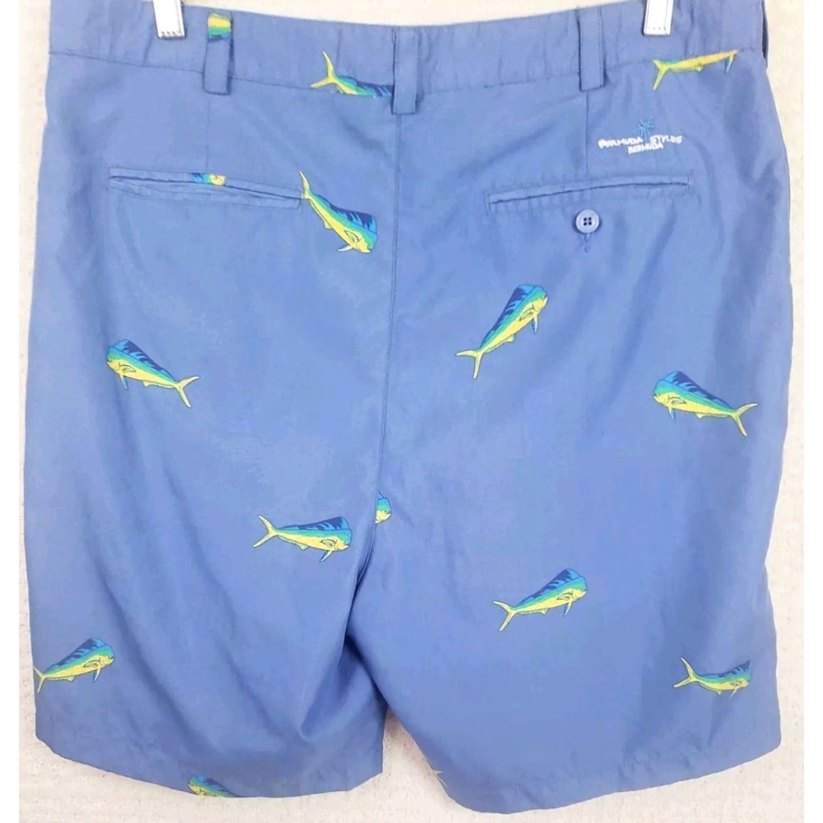 Vintage Bermuda Styles Men’s Blue Chino Shorts Sz 36x8 With Mahi Fish Pattern All Over Size US 36 / EU 52 - 6 Thumbnail