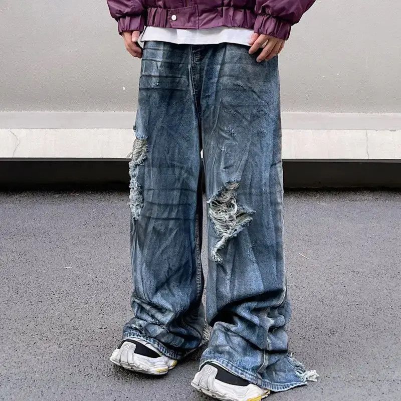Japanese Brand × Jean Retro faded corrugated distressed wide-leg jeans Size US 34 / EU 50 - 2 Thumbnail