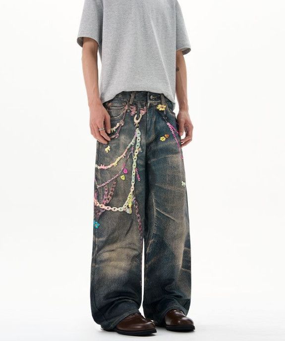 Vintage American-style men's wide-leg digital print denim jeans Size US 32 / EU 48 - 2 Thumbnail