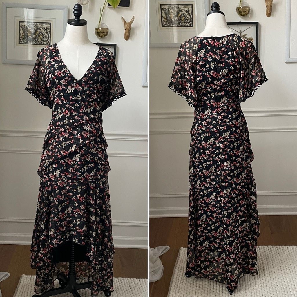 Other Edit by White Closet Black Floral High Low Midi Dress 10 Size L / US 10 / IT 46 - 2 Thumbnail