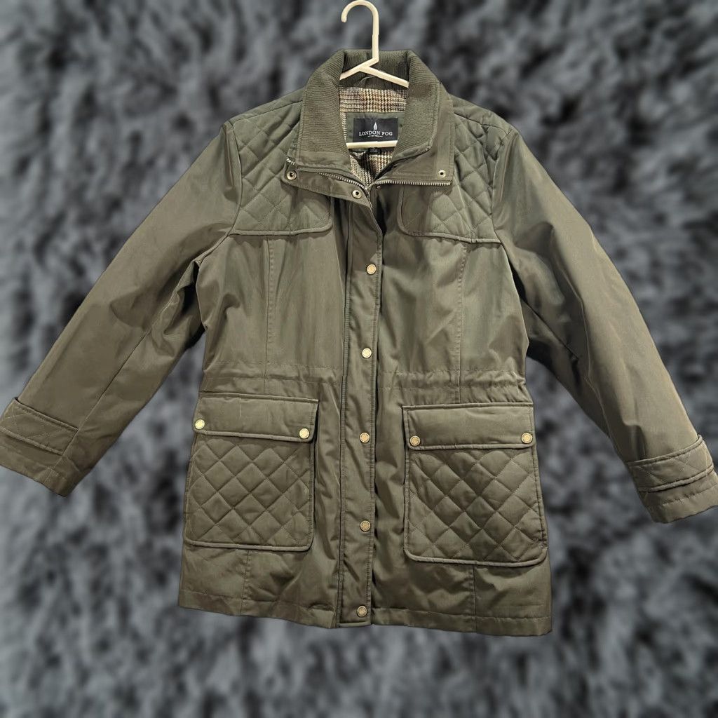 London Fog London Fog Jacket Womens Large Olive Green Quilted Utility Pockets Plaid Lining Size L / US 10 / IT 46 - 1 Thumbnail