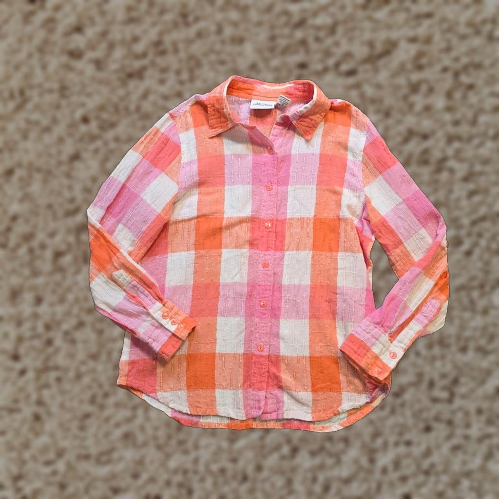 Vintage Vermont Country Store Top Womens S Orange Plaid Texture Button Casual Career Blouse (Lightweight) Size S / US 4 / IT 40 - 1 Thumbnail