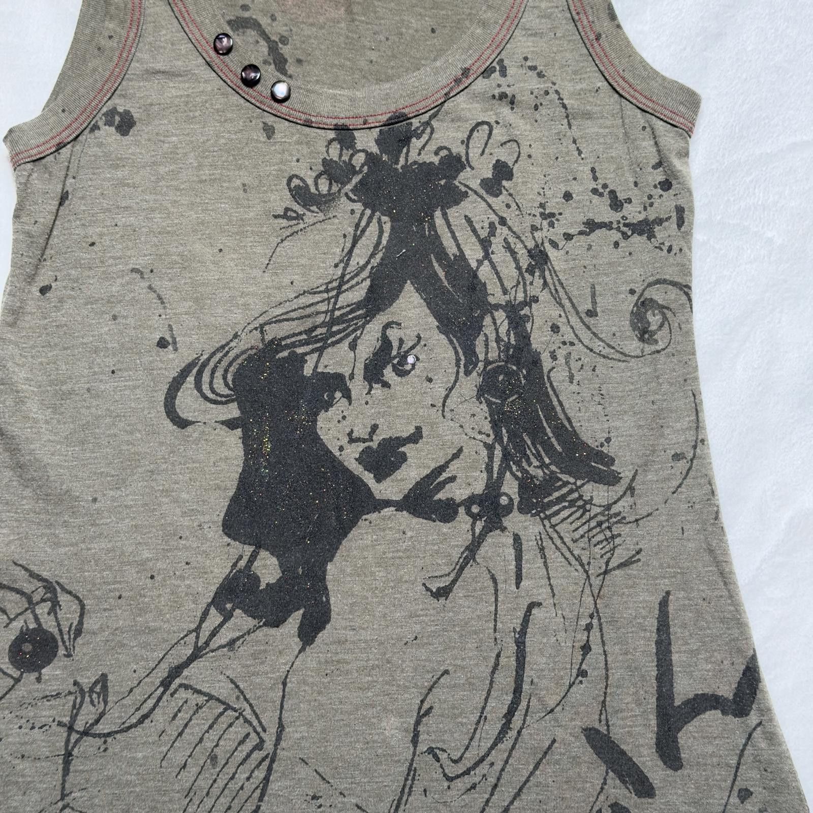 Unknown London Y2K Graphic Print Mini Dress Olive Green Grunge Embellished Size M / US 6-8 / IT 42-44 - 6 Thumbnail