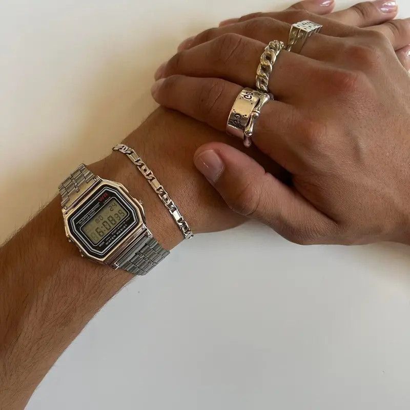 image of Casio x Jewelry Y2K 2000S Vintage Retro Silver Stainless Steel Digital Watch, Men's
