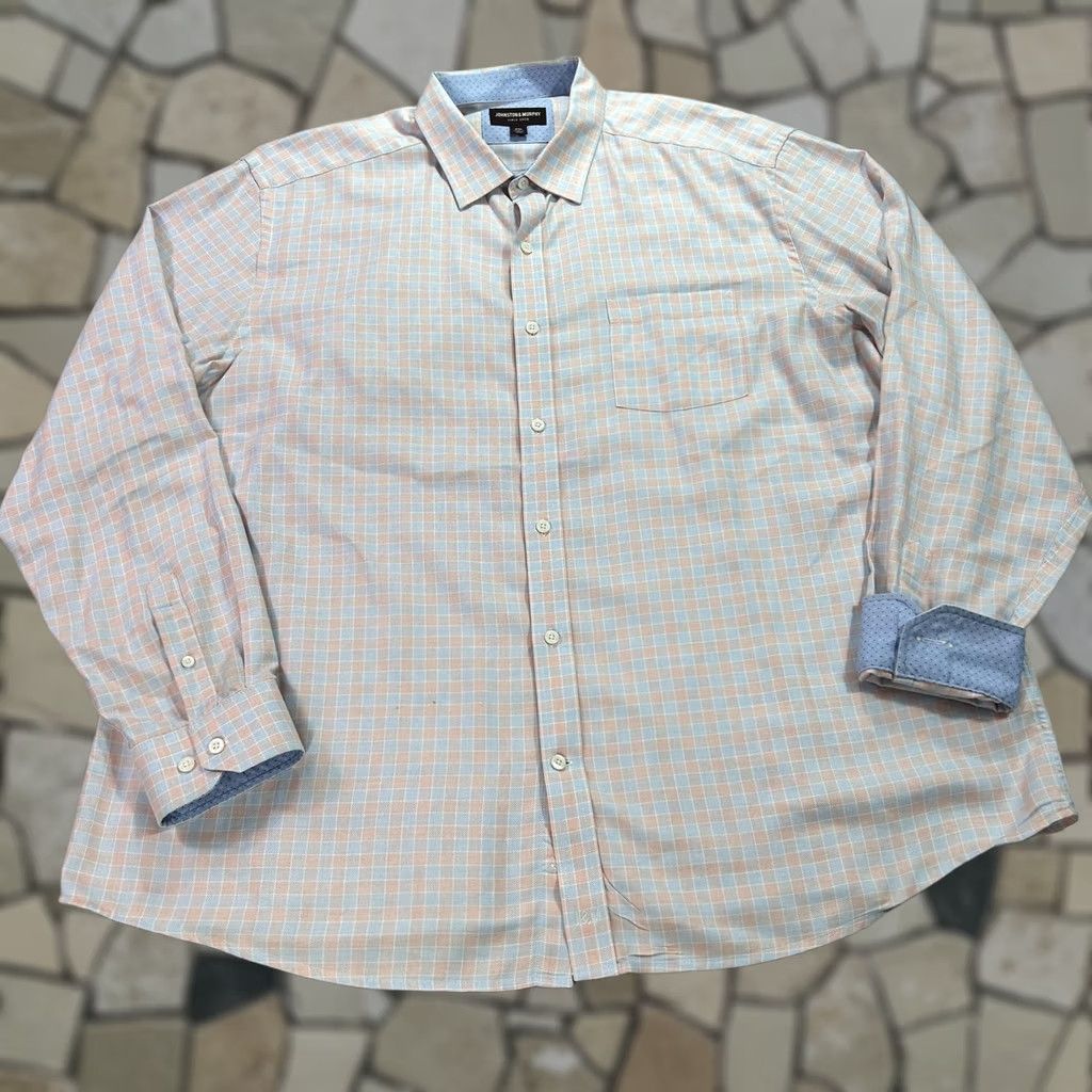 Johnston & Murphy Johnston & Murphy Shirt Mens 2XL Blue Pink Gingham Check Button Down Long Sleeve Size US XXL / EU 58 / 5 - 1 Thumbnail