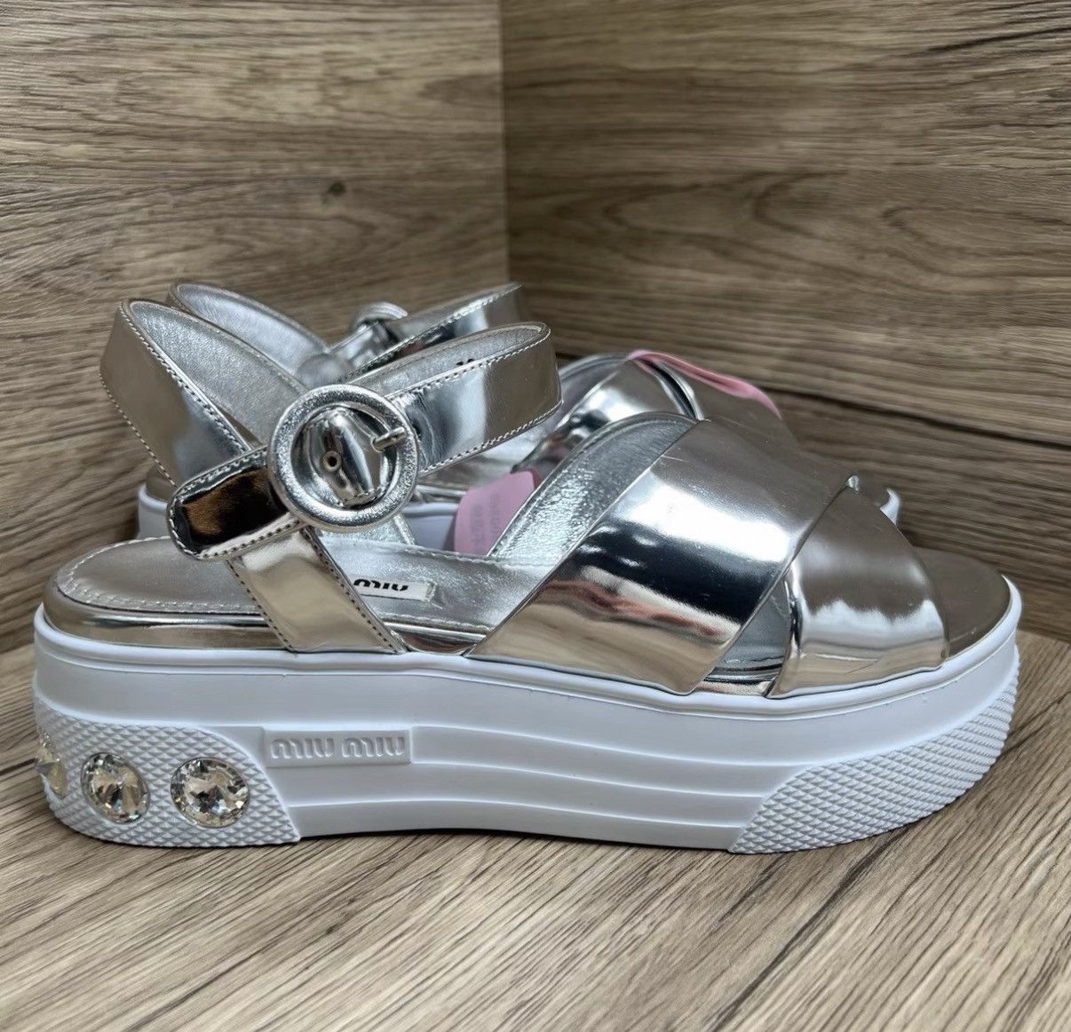 Miu Miu Miu Miu Silver Rhinestone Strappy Platform Sandals J41 Size US 8 / IT 38 - 3 Thumbnail