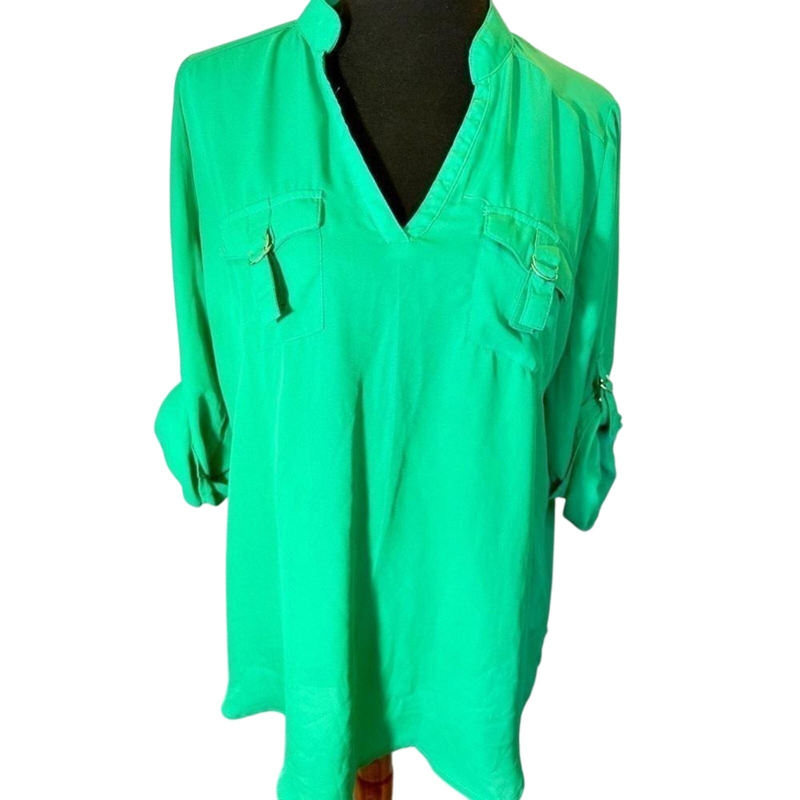 Designer Riley & James Women's V-Neck Green Blouse Size L / US 10 / IT 46 - 1 Thumbnail