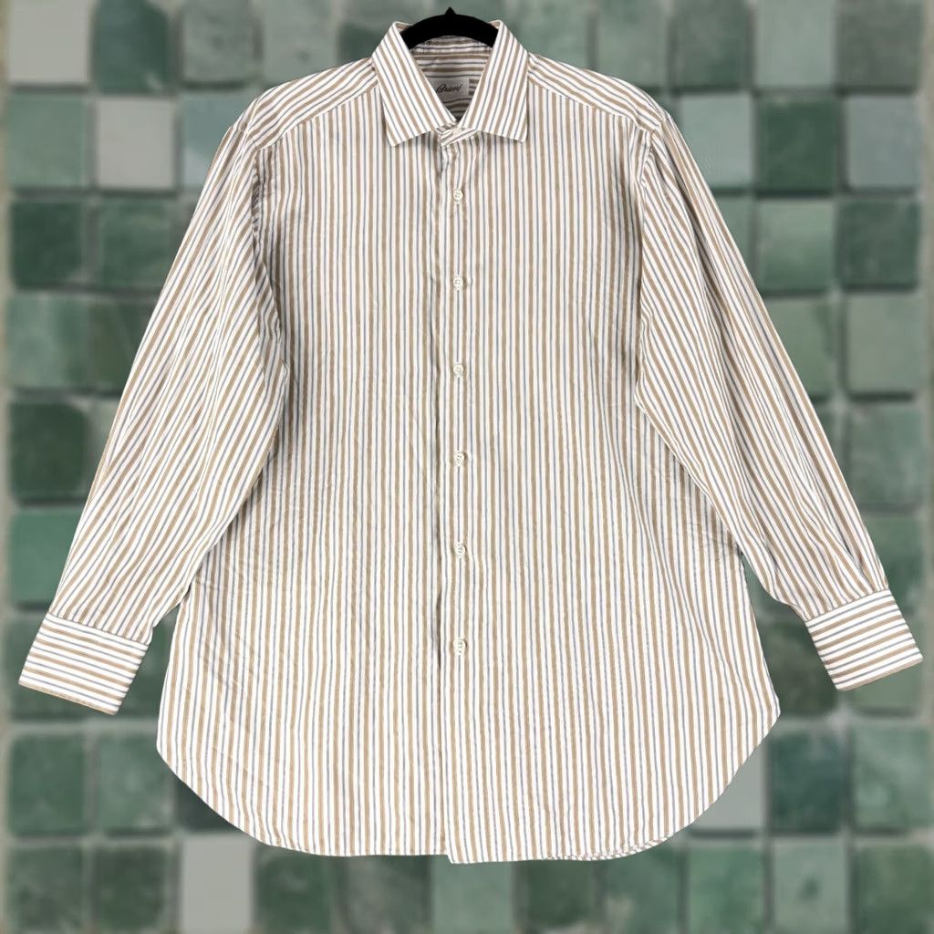 Brioni Brioni Button-Up Shirt Mens XL Tan White Striped Long Sleeve Italy Luxury Business Casual Formal Workwear Size US L / EU 52-54 / 3 - 1 Thumbnail