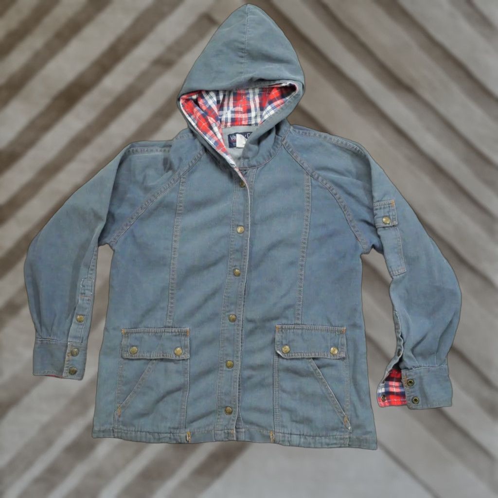 CO VINTAGE Valley Co Jean Jacket Womens L Blue Denim Hooded Plaid 80s Size 36" / US 14 / IT 50 - 1 Thumbnail