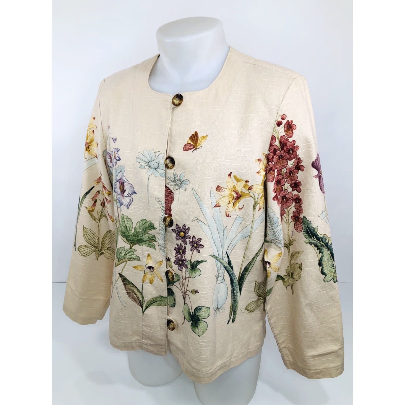 Orvis Orvis Womens L Jacket Beige Floral Butterfly Lightweight Blazer Shirt - EXCELLENT Size L / US 10 / IT 46 - 3 Thumbnail