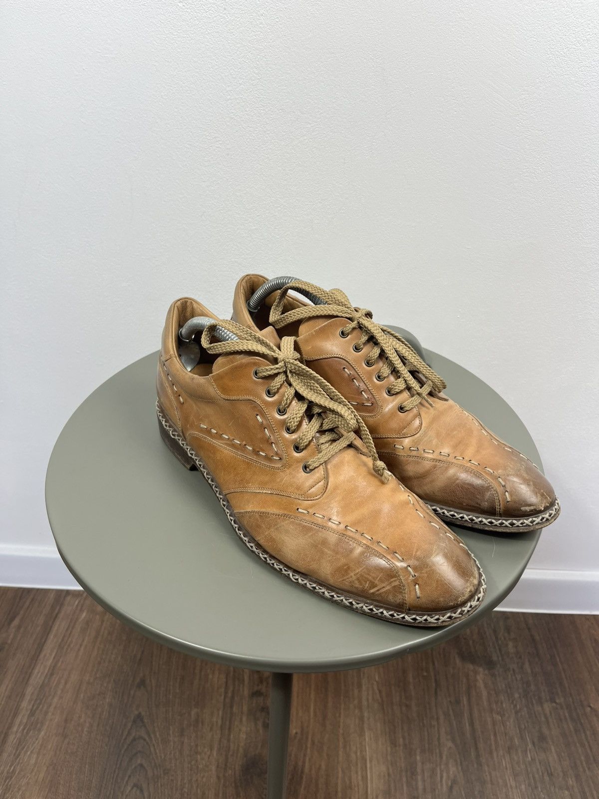 Leather Vintage Tan Leather Lace Up Shoes Hand Stitched Dress EU 42 Size US 9 / EU 42 - 1 Thumbnail