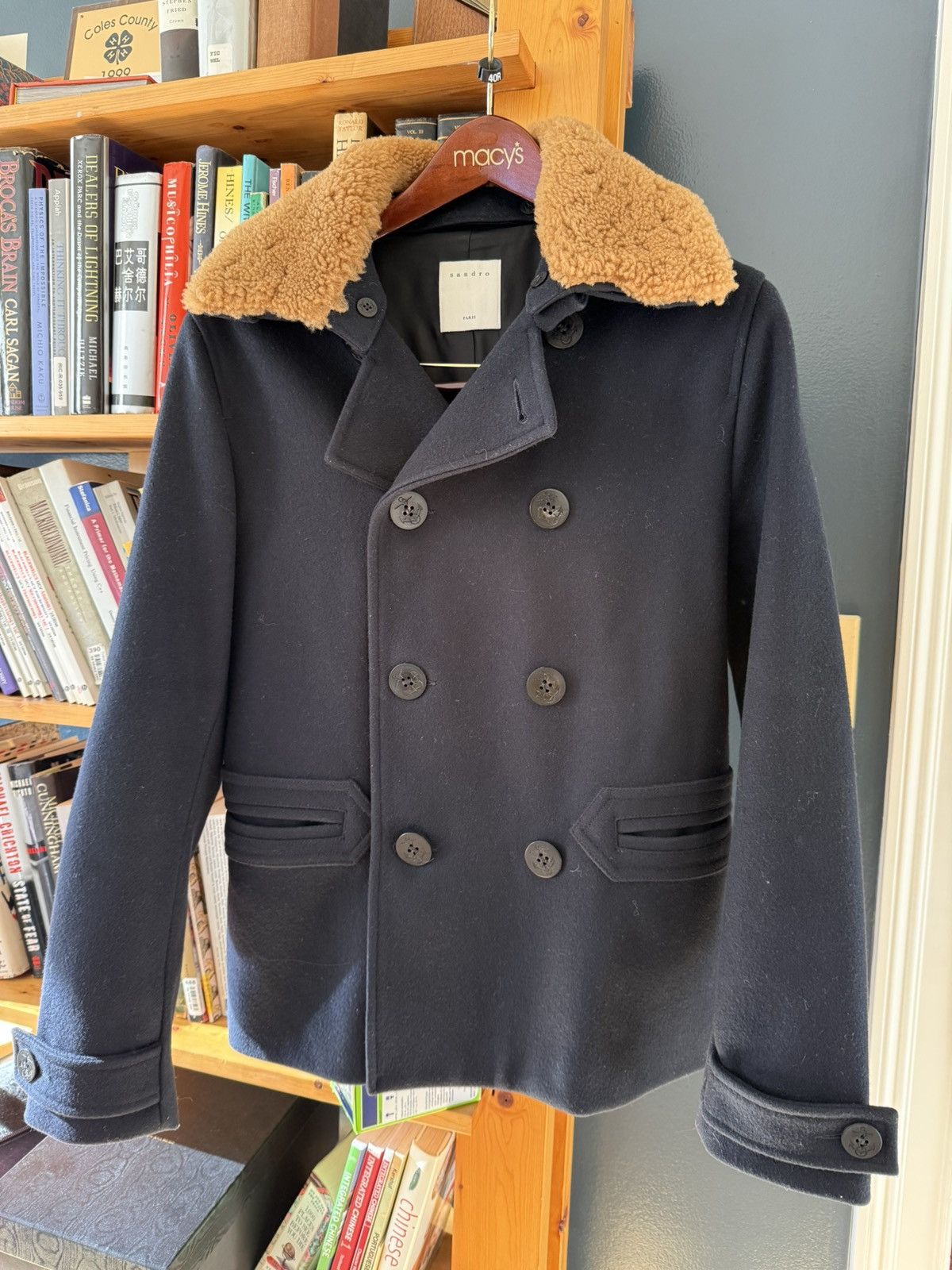 Sandro Sandro Navy Shearling Double Breast Peacoat Size S Size US S / EU 44-46 / 1 - 1 Thumbnail