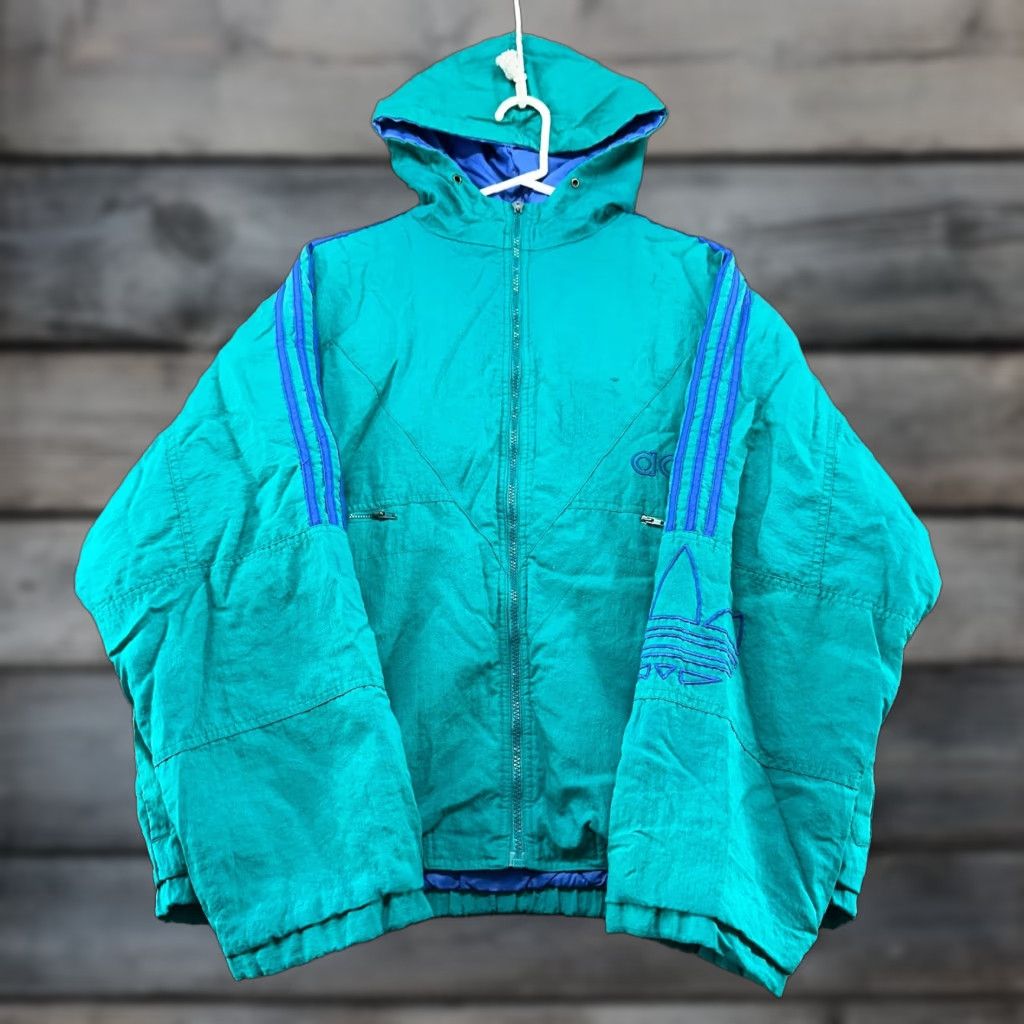 VINTAGE adidas Jacket Mens L Green Blue Puffer Parka Hooded Lined Trefoil 80s