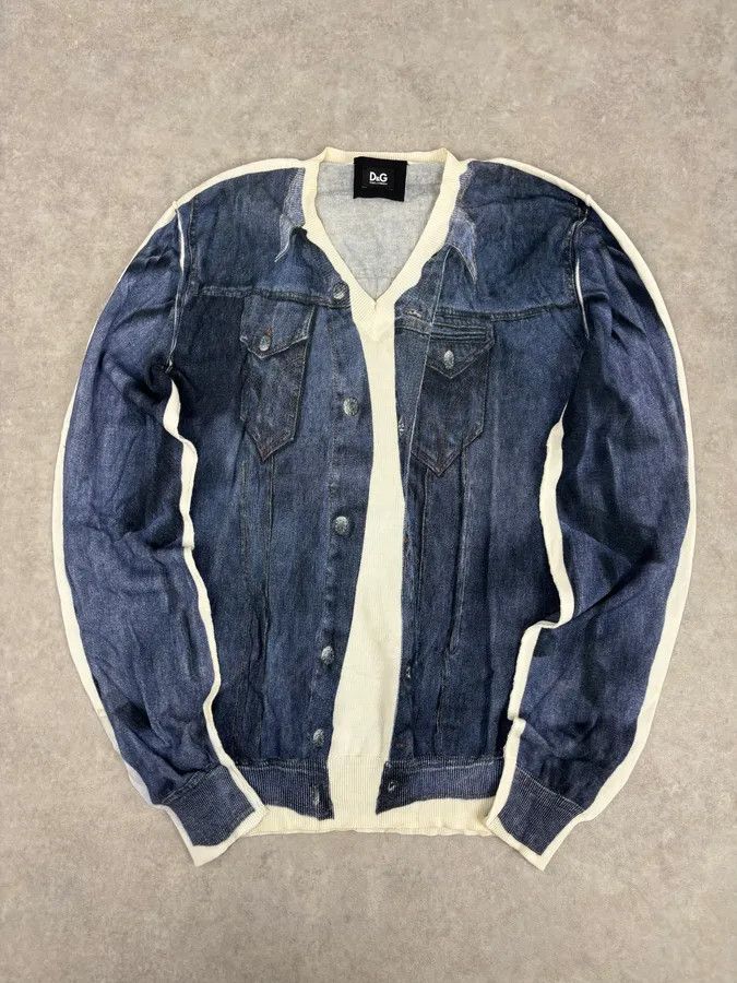 Dolce & Gabbana SS2010 Dolce & Gabbana Blue Denim Trompe-loeil V Neck Sweater Size US S / EU 44-46 / 1 - 1 Thumbnail