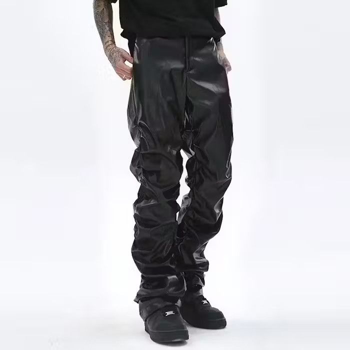 image of Vintage Retro Pleated Pu Leather Pants Men in Black (Size 33)