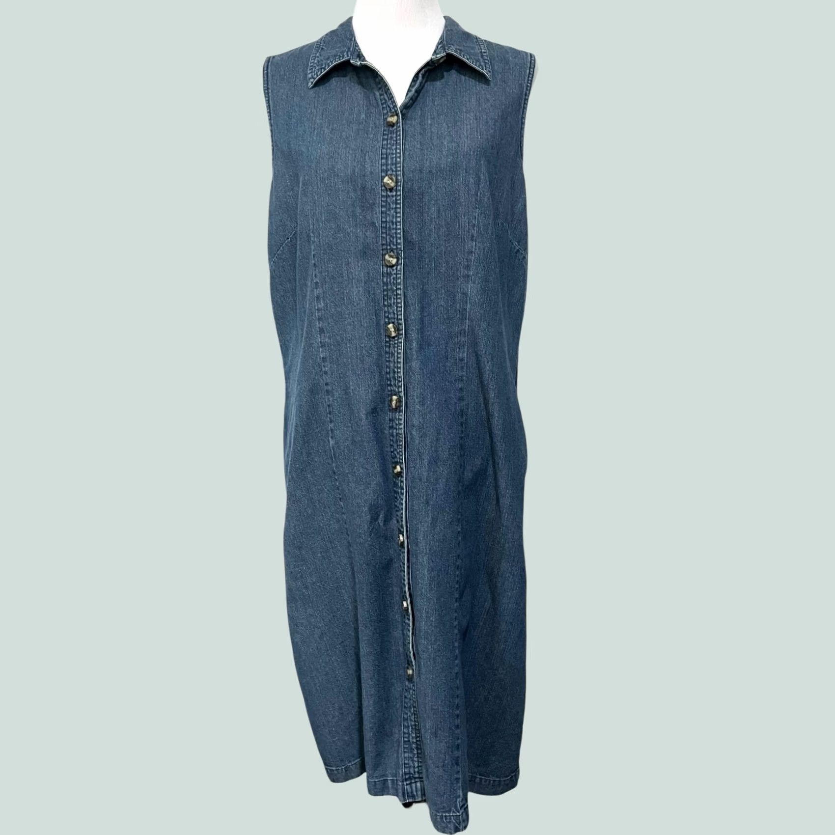 Basic Editions VINTAGE Basic Editions Denim Midi Dress Womens 16 Blue Cotton 100% Button Collared Sleeveless Shirt Dress Size 38" / US 16 / IT 52 - 1 Thumbnail