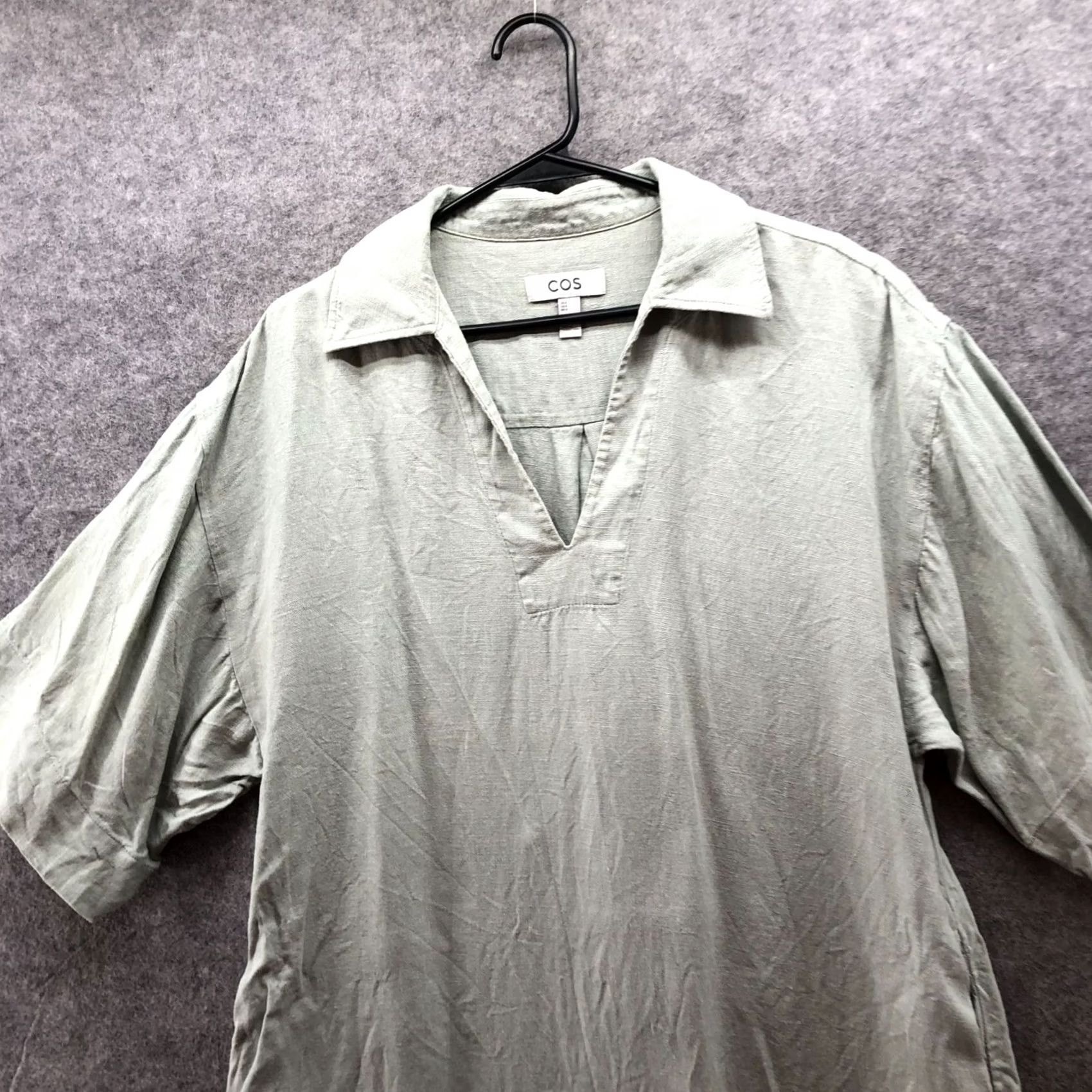 Cos COS Linen Shift Dress Womens M Sage Green Short Sleeve Collared Pockets V-Neck Pullover Casual Vintage: No Size 32" / US 10 / IT 46 - 3 Thumbnail