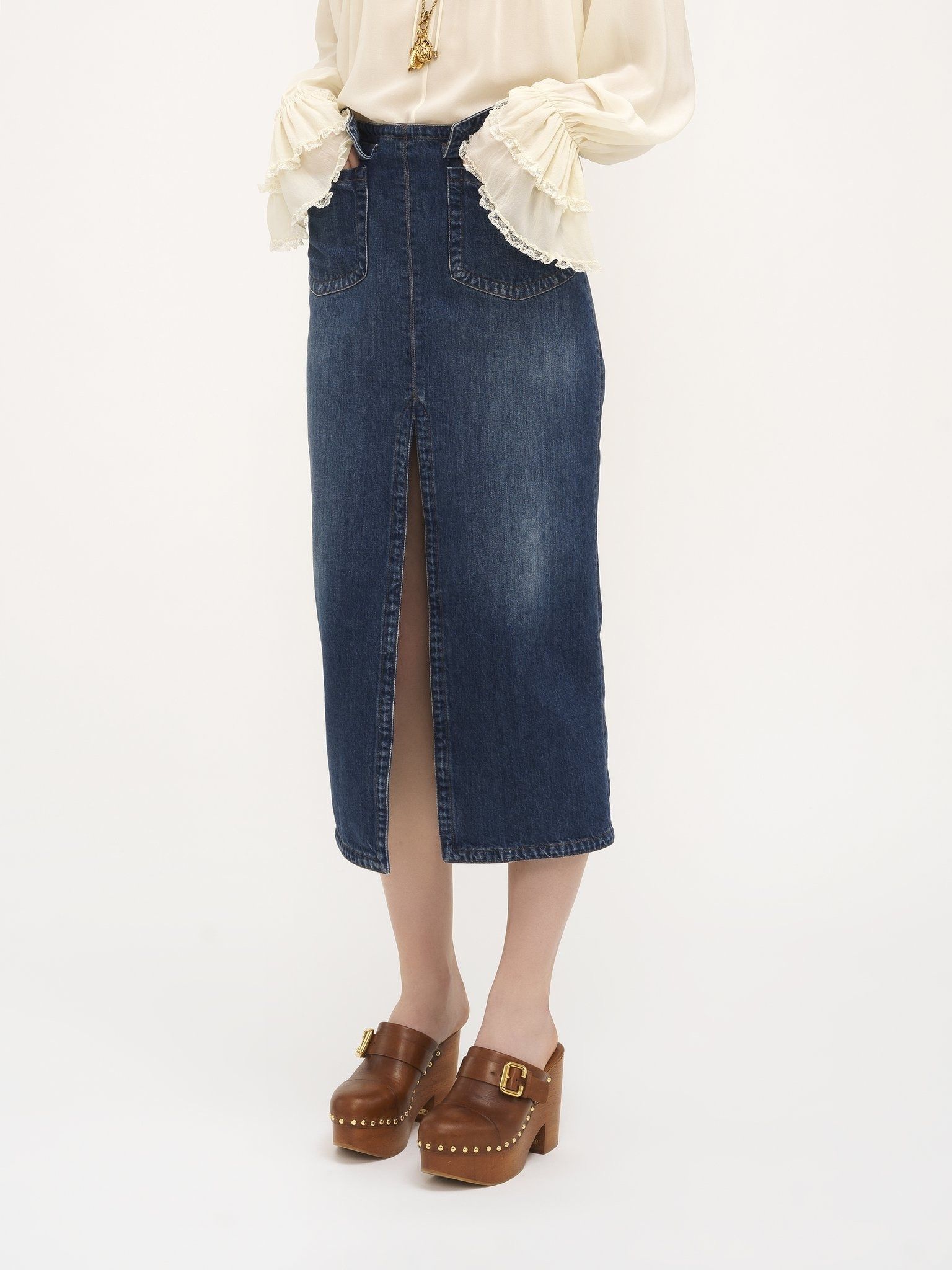 Chloe o1loc1c11025 Front-Slit Midi Slim Skirt in Denim Blue Size 28" / US 6 / IT 42 - 3 Thumbnail