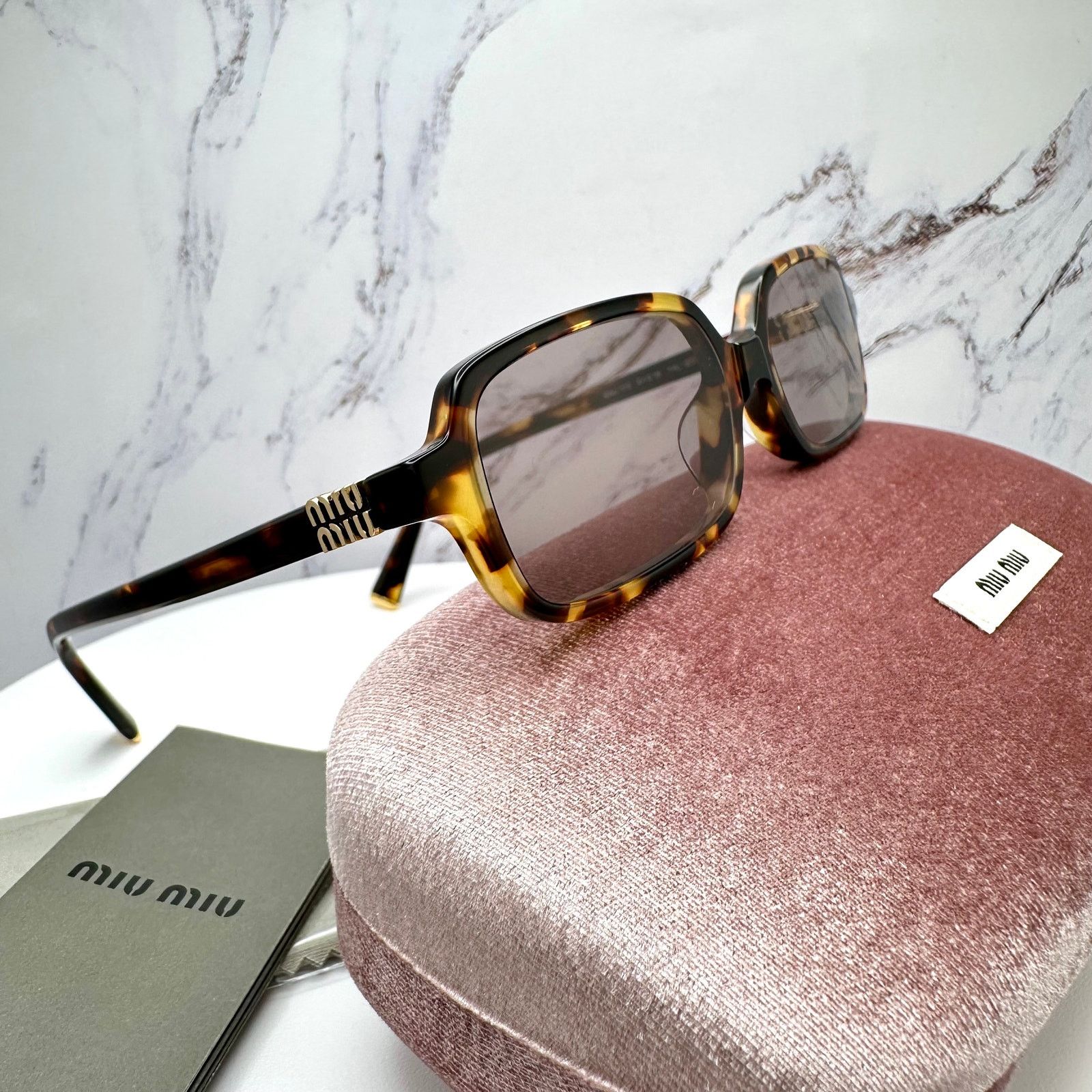 Miu Miu New MIU MIU Sunglasses Brown Tortoise Rectangular Gold Logo Size ONE SIZE - 4 Thumbnail